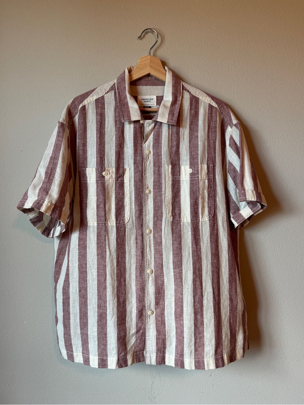 American Eagle Outfitters Maroon and White Vertical Stripe Button-Up Shirt